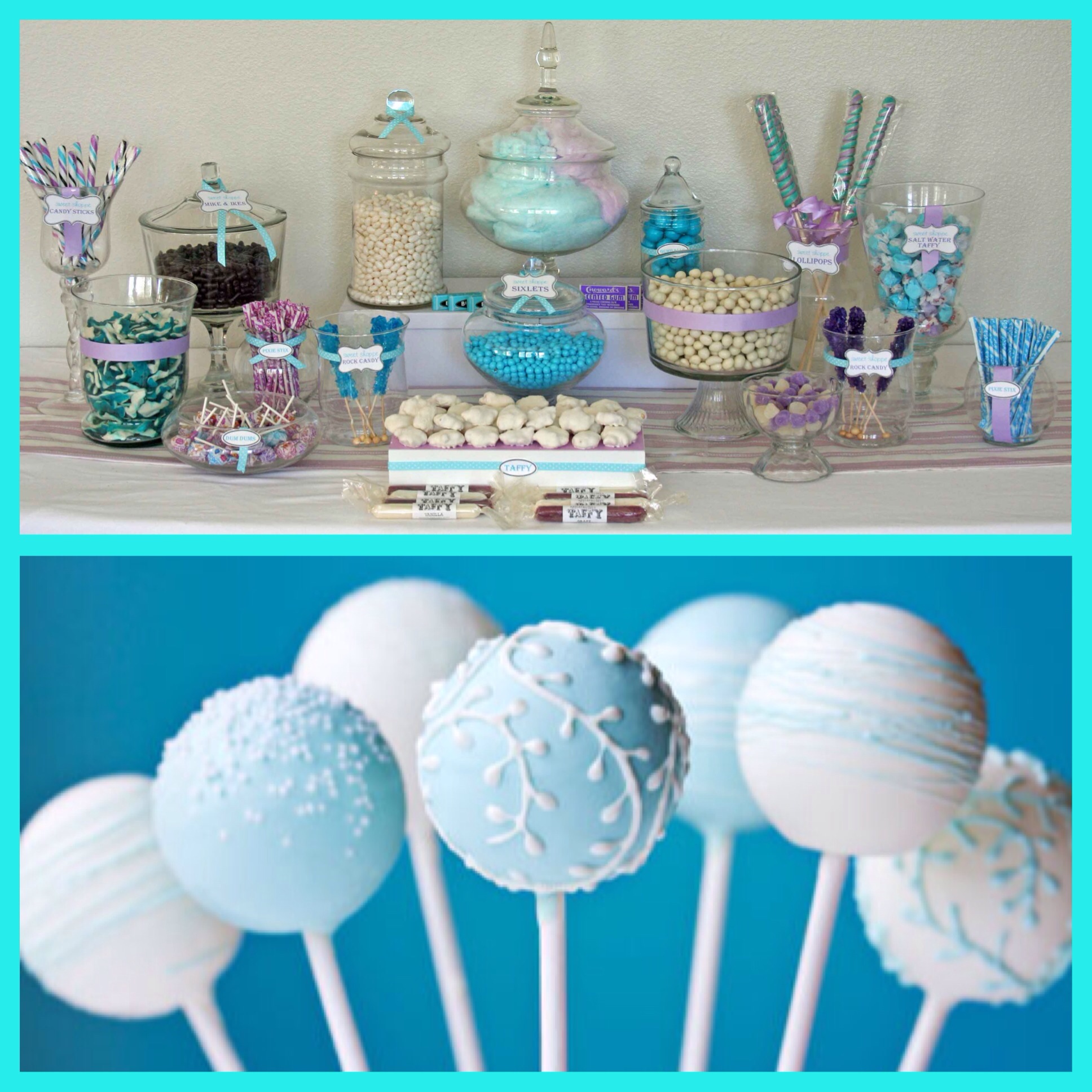 winter carnival themed candy buffet, winter themed cake pops