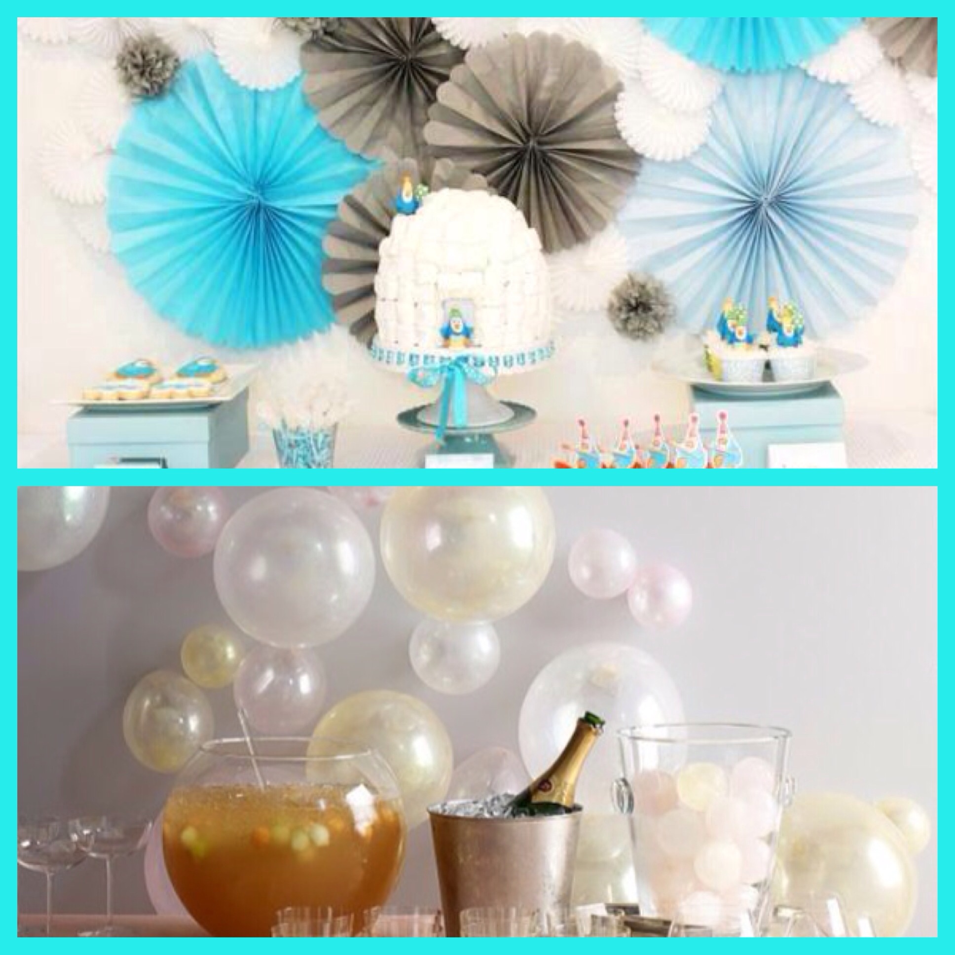 winter themed tissue paper decorations, white balloons on walls