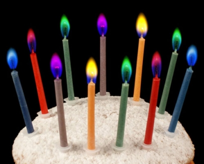 Rainbow coloured flame candles